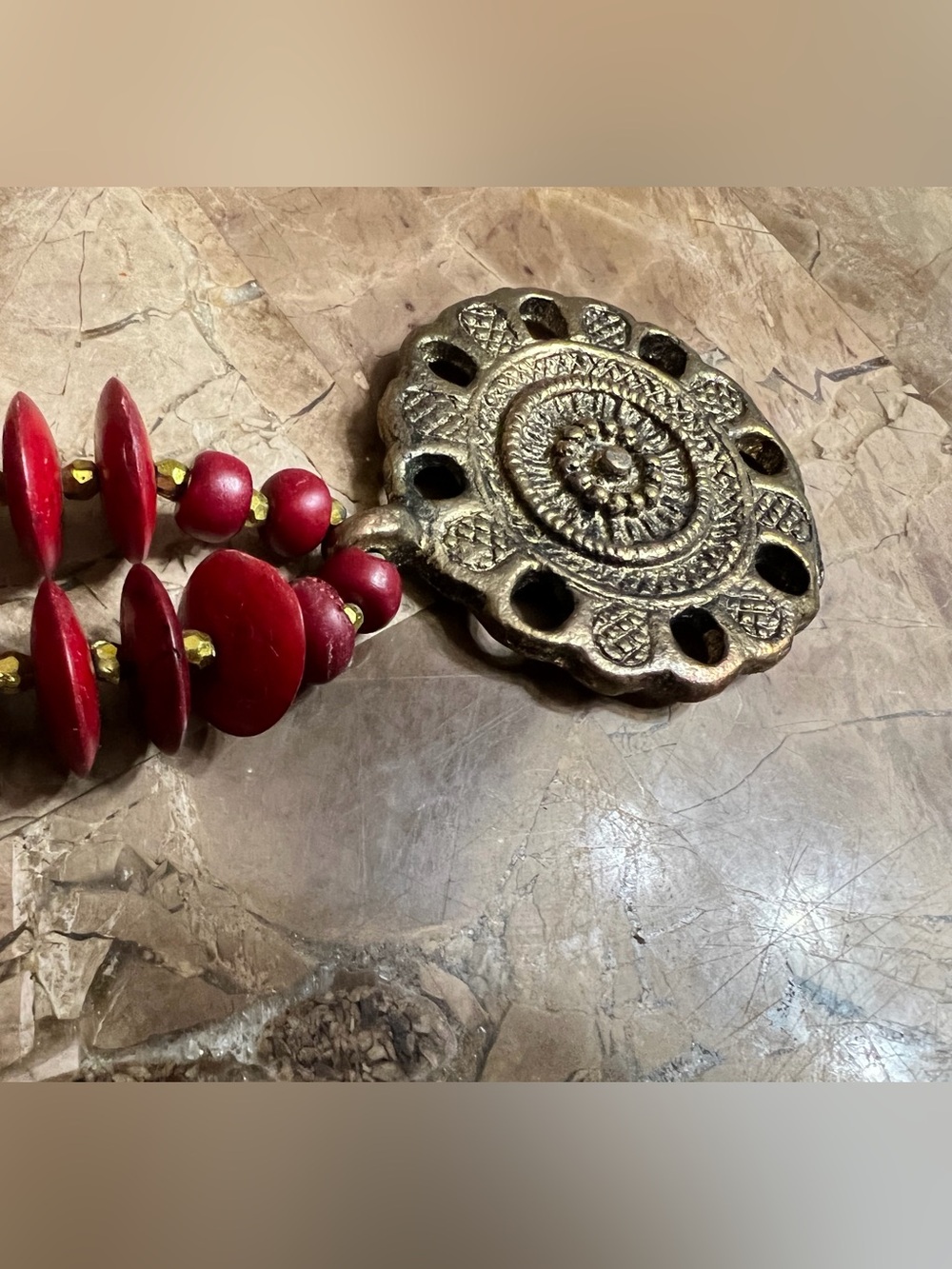 Red Beaded Statement Necklace with Antique Gold Pendant